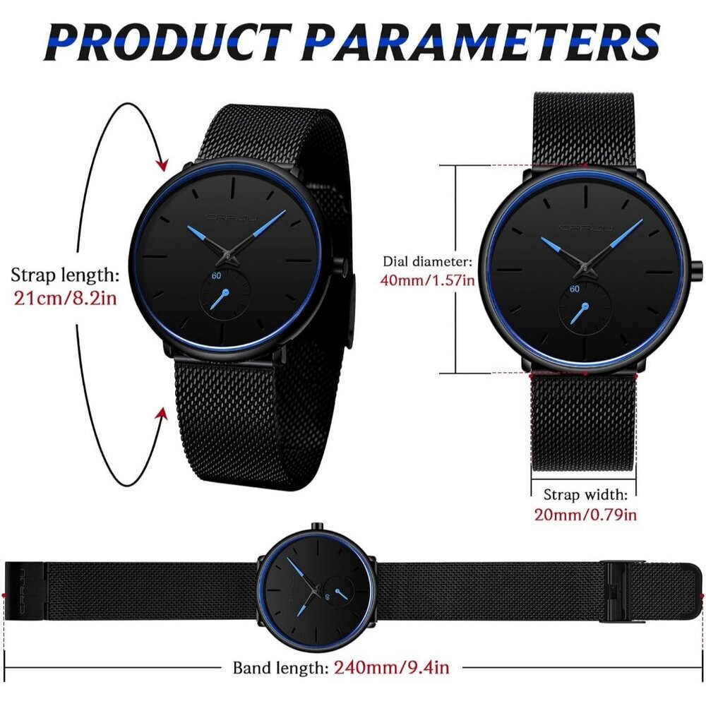 Men's Navy Blue Ultra-Thin Minimal Waterproof Stainless Steel Mesh Band Watch - Picture 4 of 6
